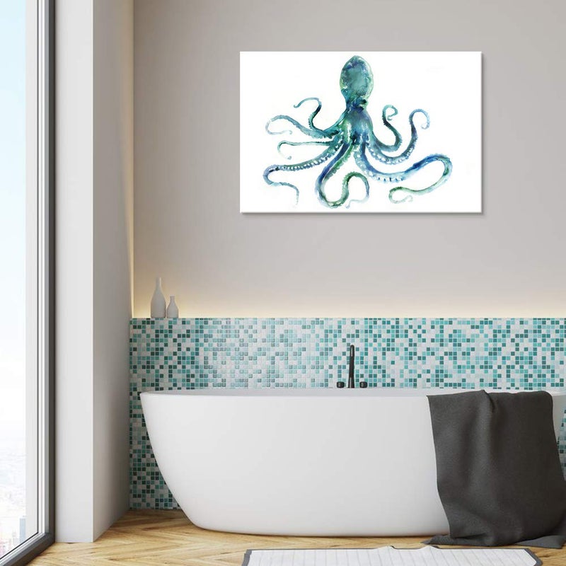 JAPO ART Blue Octopus Bathroom Decor Canvas Wall Art by Edward Selkirk Coastal wall decor Nautical Ocean Animal Watercolor Marine life Sea Pictures Framed Artwork Print on Canvas for Living Room - Image 1